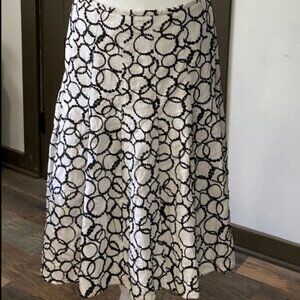 Dressbarn Retro Embroidered Linen Blend Pleated Black and White Midi Skirt